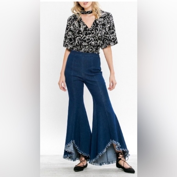 Jealous Tomato MADELINE Retro Fringe Bell Bottom Jeans Darker Medium Wash size M - Picture 1 of 17